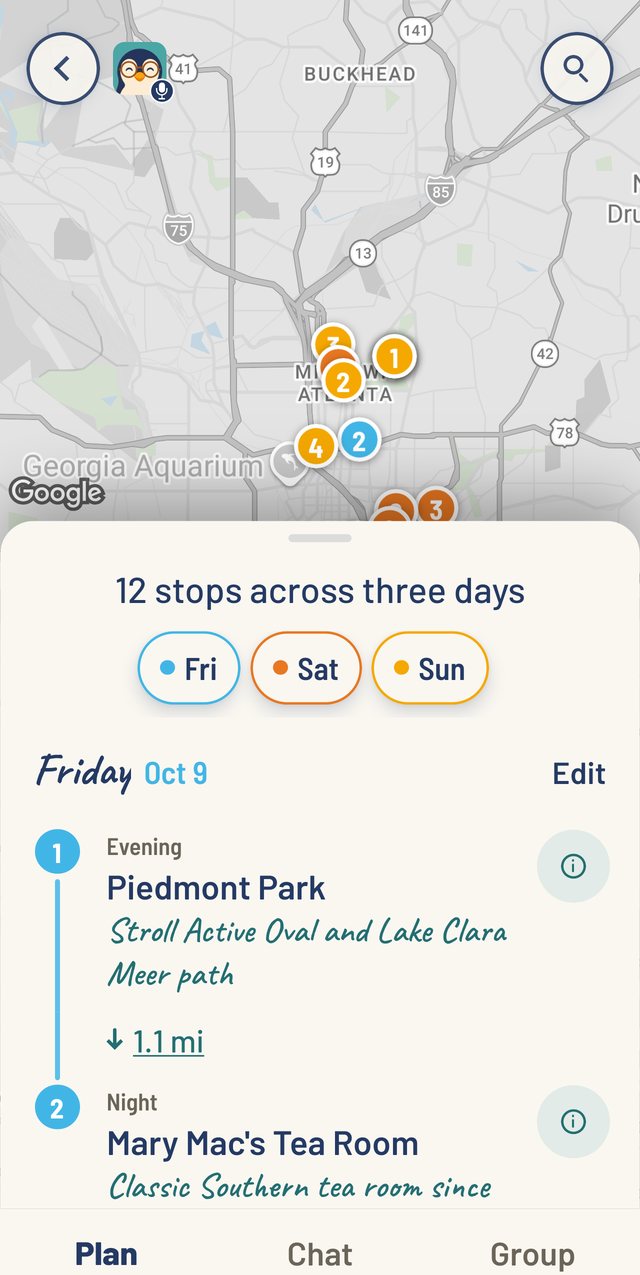 Pingy's Plan tab for an Atlanta trip: numbered pins in three day colours on the map, and the sheet below reading 12 stops across three days, with Friday's stops and a handwritten note under each.