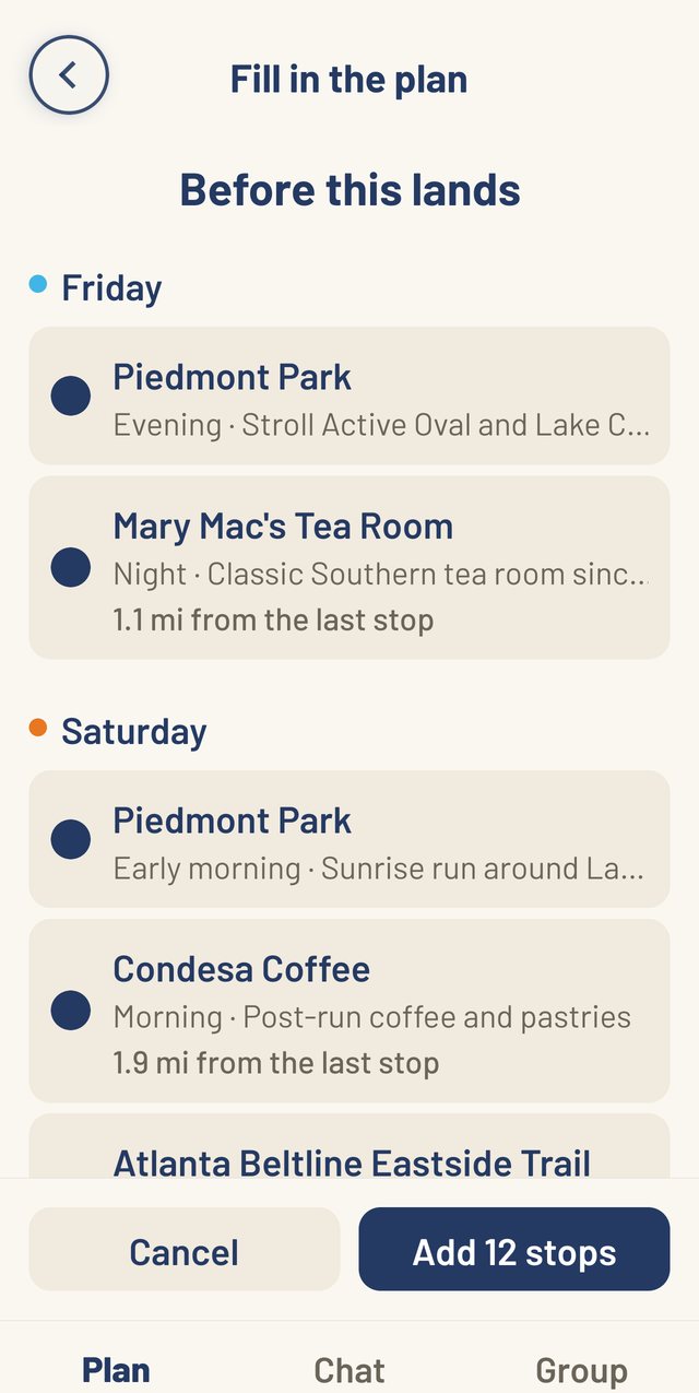 Pingy's plan review, titled Before this lands: suggested stops for Friday and Saturday such as Piedmont Park, Mary Mac's Tea Room and Condesa Coffee, with Cancel and Add 12 stops buttons.