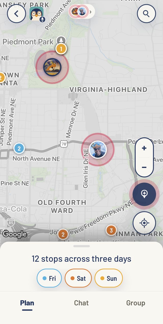 Two friends' faces on the trip map, each with a live glow: one at Piedmont Park beside the day's first stop, one near Ponce City Market.
