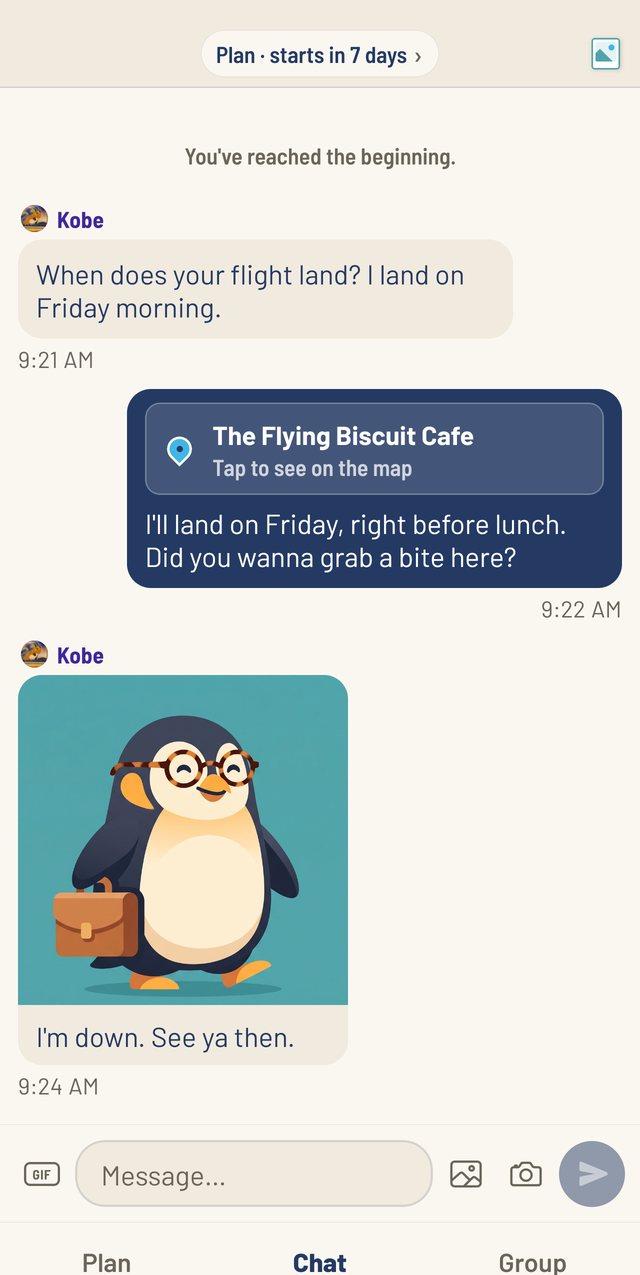 The trip chat: a question about flights, a shared place card for The Flying Biscuit Cafe with a plan to grab lunch, and a reply with a photo.
