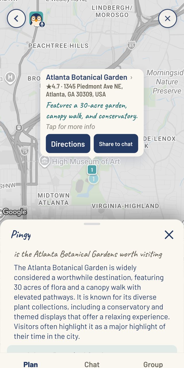Pingy answering the question is the Atlanta Botanical Garden worth visiting, with its pick on the map and a popup saying why: a 30-acre garden, canopy walk and conservatory.